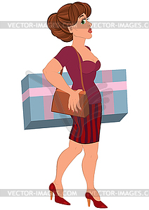 Cartoon woman with big box in striped skirt - vector clip art