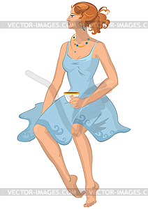 Cartoon young woman in blue dress with cap of coffee - vector image