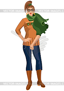 Cartoon young woman in green scarf and brown boots - vector clipart