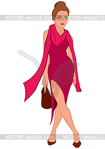 Cartoon young woman in pink dress and pink scarf - stock vector clipart