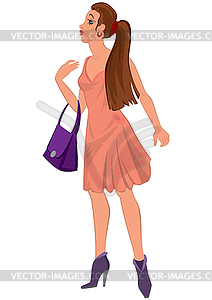 Cartoon young woman in pink dress and purple bag - vector clipart