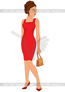 Cartoon young woman in red dress and closed eyes - vector image