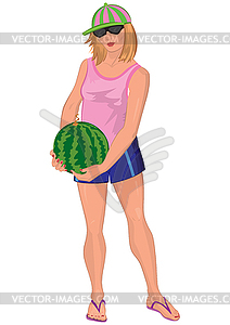 Cartoon young woman in sunglasses with watermelon - vector clip art