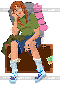 Cartoon young woman sitting on brown suitcase with - royalty-free vector image