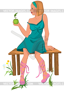 Cartoon young woman sitting on bench with apple in - vector image