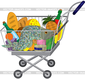 Grocery store shopping cart with food items and fish - vector image