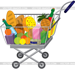 Grocery store shopping cart with food items - vector clipart