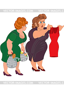 Two fat cartoon women looking on small red dress - vector clipart