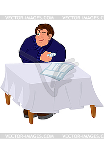 Cartoon man in blue sweater sitting at table with - vector clipart