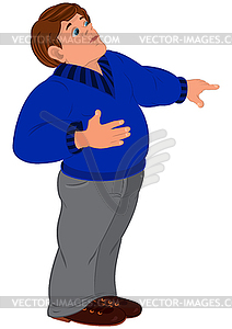 Cartoon man in blue sweater with finger - vector image