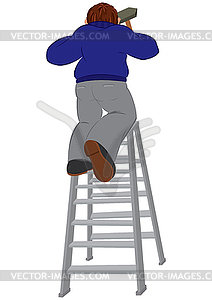 Cartoon man in blue sweater with hummer on ladder - vector image