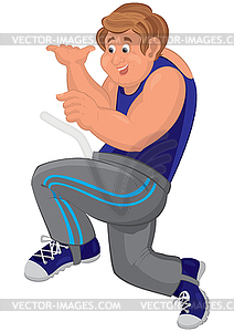 Cartoon man in blue top and running shoes smiling - vector clipart