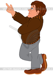 Cartoon man in brown sweater with finger up - vector image