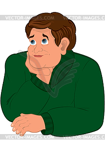 Cartoon man in green sweater torso holding chin - color vector clipart