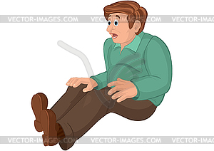 Cartoon man in green top and brown pants sitting - vector clipart