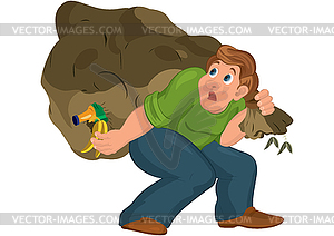 Cartoon man in green top carries huge garbage bag - vector clip art