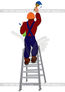 Cartoon man in hard hat on ladder painting wall - vector image