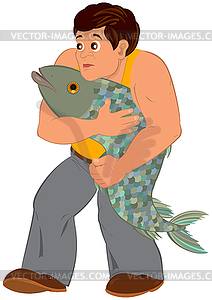 Cartoon man in orange sleeveless top with big fish - vector clip art