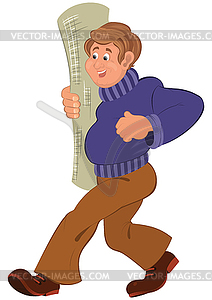 Cartoon man in purple sweater walking smiling with - vector clipart