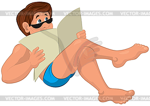 Cartoon man in swim shorts sitting with newspaper - vector clipart