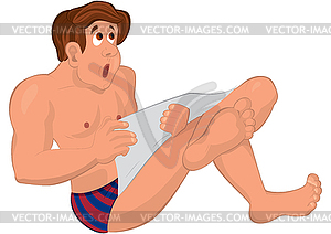 Cartoon man in swim shorts surprised sitting with - vector clip art