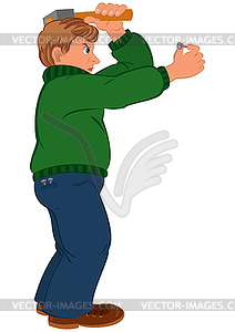 Cartoon man with brown hair in green sweater with - vector image