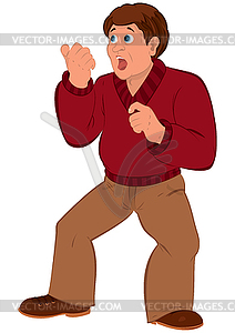 Cartoon man with brown hair in red sweater with ope - vector image