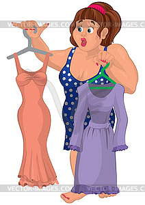 Cartoon overweight young woman holding dresses - vector clip art