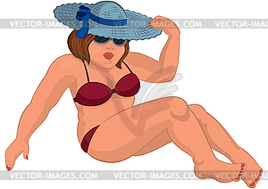 Cartoon overweight young woman in red swimsuit and - vector image