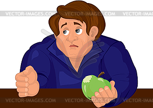 Cartoon sad man torso in blue top with apple - vector clipart / vector image