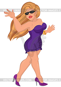 Cartoon sexy young woman in purple mini dress - color vector clipart