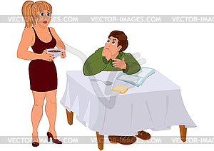 Cartoon wife serving dinner for husband - vector clip art