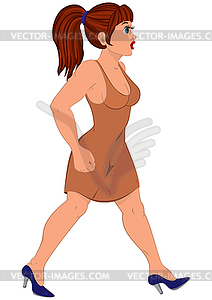 Cartoon woman in brown dress walking - color vector clipart