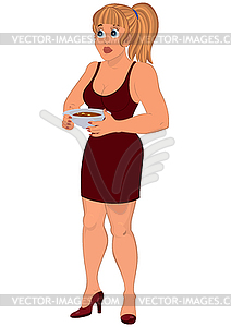 Cartoon woman in brown dress with plate of soup - vector clip art