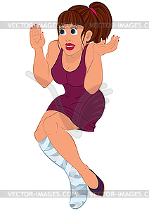 Cartoon woman in burgundy dress with injures leg - vector image