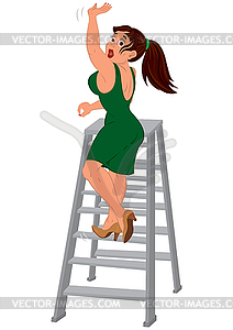 Cartoon woman in green dress falling down of ladder - vector clipart