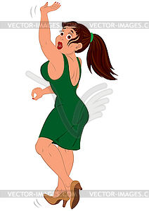 Cartoon woman in green dress falling down - vector image