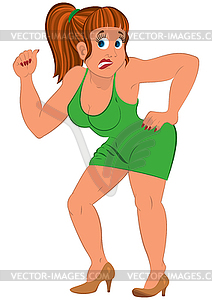 Cartoon woman in green dress with crocked mouth - vector clip art