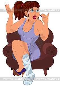 Cartoon woman in purple dress sitting on couch - vector image