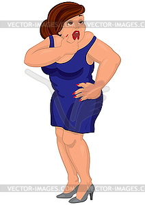 Cartoon young fat woman in blue dress touching her - vector clipart