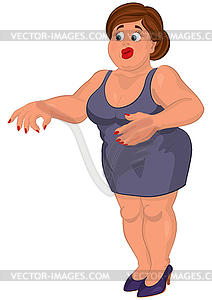 Cartoon young fat woman in gray dress disgusted - color vector clipart