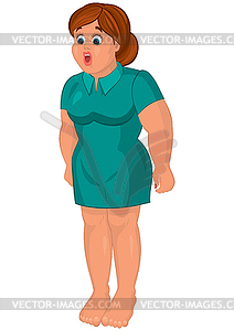 Cartoon young fat woman in green dress barefoot - vector image