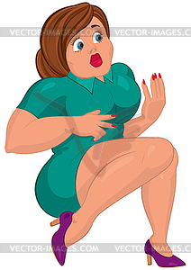 Cartoon young fat woman in green dress sitting - vector clip art