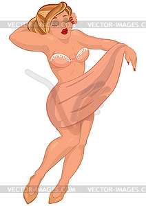 Cartoon young sexy woman in pink gown with closed - vector clipart