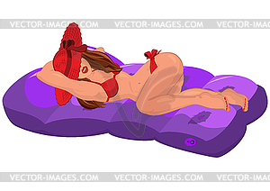 Cartoon young sexy woman in red swimsuit and hat - vector clipart