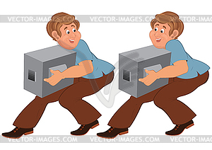 Happy cartoon man in brown pants walking with boxes - vector clip art