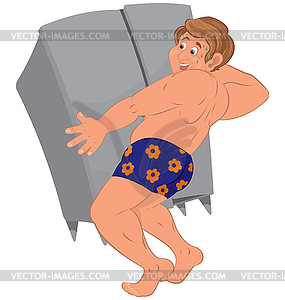 Happy cartoon man in underwear holding gray - vector clip art