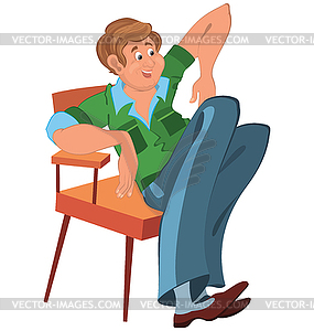 Happy cartoon man sitting in armchair in green - vector image