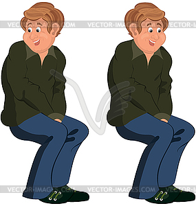 Счастливый мультяшный человек, сидящий в зеленом свитере и - векторное изображение EPS