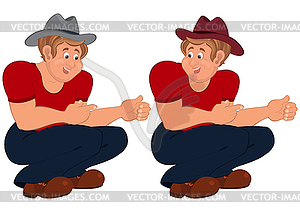 Happy cartoon man sitting in red top and hat - vector image